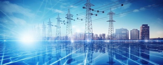 Elektriciteitspalen met een hoog vermogen in stedelijke gebieden die zijn aangesloten op een slim net Energievoorziening Verdeling van energie Transmissie energie Transmissie hoogspanningsvoorziening Conceptfoto