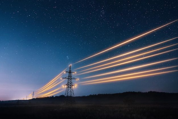 Elektriciteitstransmissietorens met oranje gloeiende draden tegen de nachtelijke hemel.