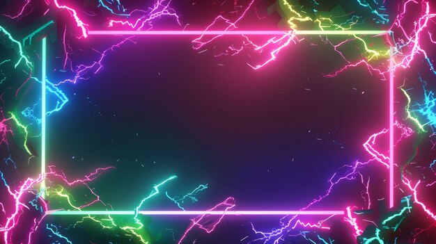 Elektrisch gloeiend frame modern met neon bliksem effect Magische vonk rand met donder teken energie Rechthoekige magische portaal met geleid plasma ontlading in roze groen goud en paars heldere kleuren