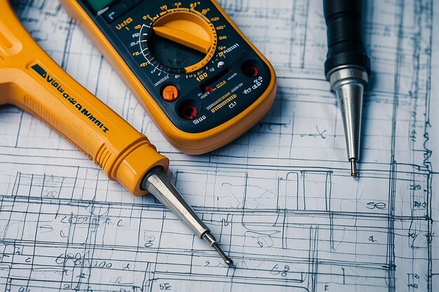 Foto elektrisch instrument met gereedschappen op een blauwdruk hooghoekbeeld van elektrisch instrument metgereedschappen en digitale multimeter op een blauwedruk