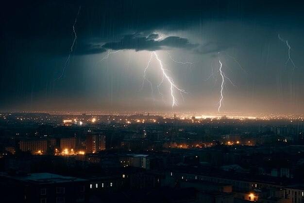 Elektrisch onweer Nacht Dramatische scène als blikseminslagen de donkere, stormachtige lucht verlichten