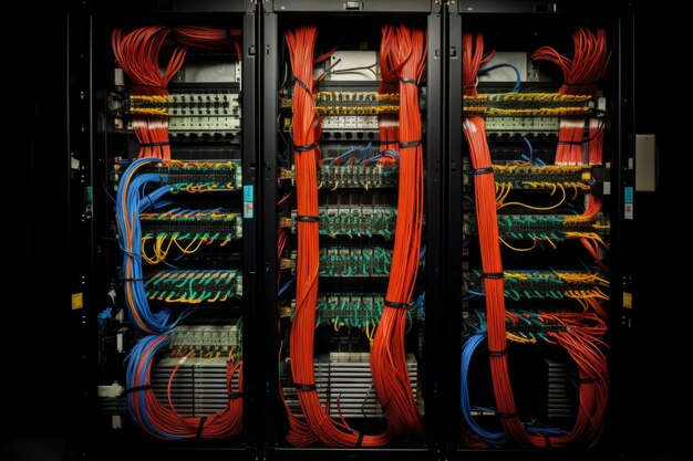 Elektrisch spectrum Een serverruimte verlicht door een spectrum van kleuren van draden en lichten die de diverse en dynamische aard van digitale communicatie weergeven