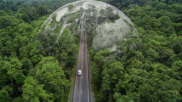 Elektrisch voertuig auto gaat door bos EV elektrische energie voor het milieu Natuurkrachttechnologie duurzame ontwikkelingsdoelen groene energie Ecosysteem ecologie gezonde omgeving road trip