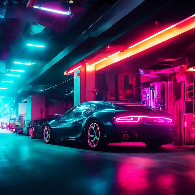 Elektrische auto Bioluminescent lichten Futuristische stad met billboards Weg Hyper Realistische Fantasy AI G