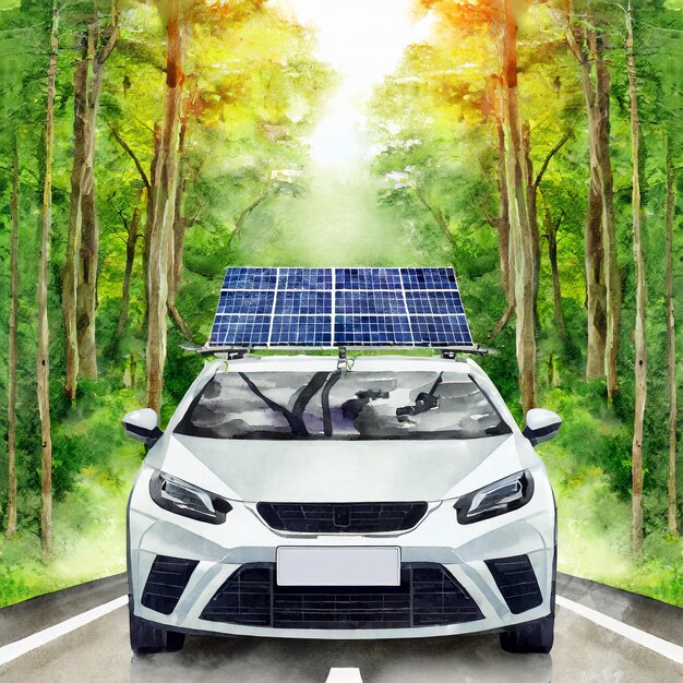 Foto elektrische auto en elektrische energie voor het milieu elektrische auto op een bosweg met zonnepaneel...