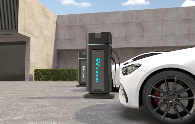 Elektrische auto laadt de accu op bij het Ev laadstation