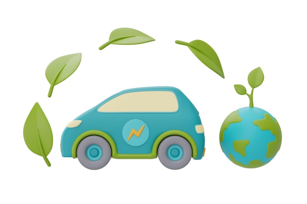 Foto elektrische auto met wereldbol en groen blad slimme energiebesparing gelukkige aardedag wereldmilieudag milieuvriendelijk 3d-rendering