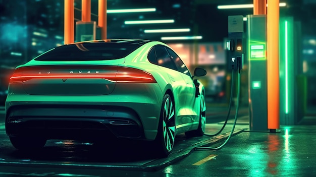 Elektrische auto opladen op het station illustratie Groen neon gloeiend EV-voertuig dat een batterij opvult Moderne hybride Generatieve Ai