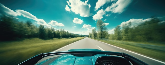 Elektrische auto rijden op de weg met groene natuur en blauwe hemel motion blur achtergrond Generatieve AI