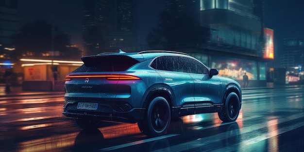 Elektrische auto rijdt 's nachts op de weg met neonlichten Bewegingsonscherpte stadsgezicht Generatieve AI