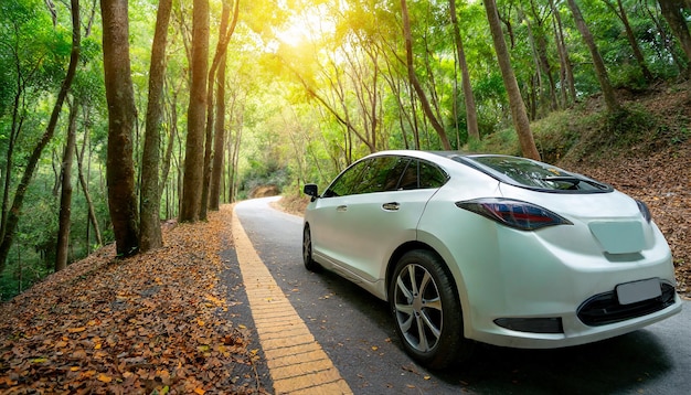 Foto elektrische auto's en elektrische energie voor het milieu elektrische auto's op boswegen schoon alternatief bio te...