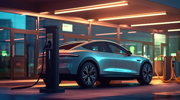 Elektrische auto SUV EV oplaadbatterij bij laadstation