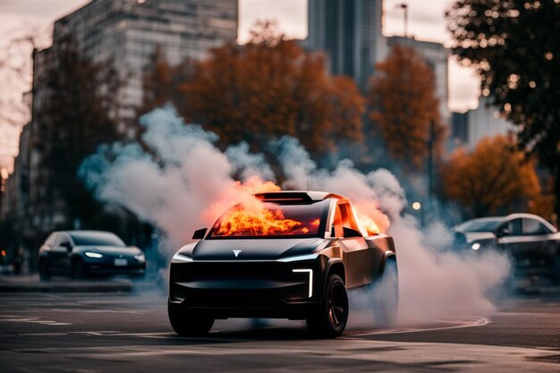 elektrische ev suv cyber truck pick-up brandt in vlammen terwijl de batterijen ontploffen illustratie