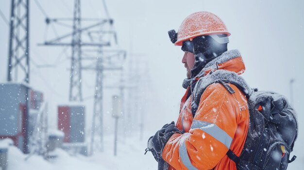 elektrische ingenieur arbeider in zware sneeuwstorm