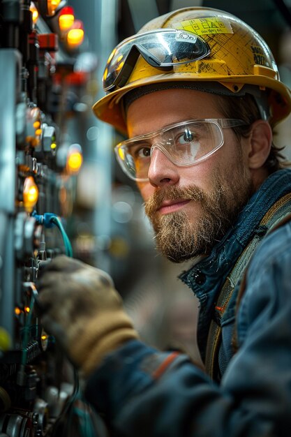 Foto elektrische ingenieur innoveert oplossingen voor bedrijfsinfrastructuurprojecten blauwdrukken en hulpmiddelen in