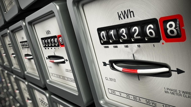 Elektrische meters op een rij staande op de muur