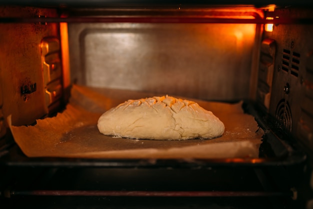 Elektrische mini-oven voor het koken van zelfgemaakt brood, geopende deur, close-upweergave. keukenapparatuur voor het maken van voedsel. broodmachine