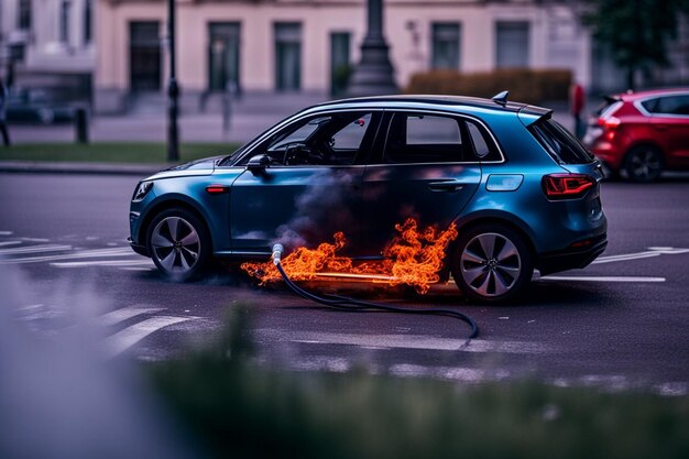 elektrische nieuwe ev auto suv brandt in vlammen terwijl de batterijen ontploffen illustratie