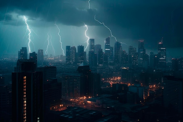 Elektrische onweersbui Nacht Dramatische scène Donkere stormachtige lucht boven de skyline van de stad