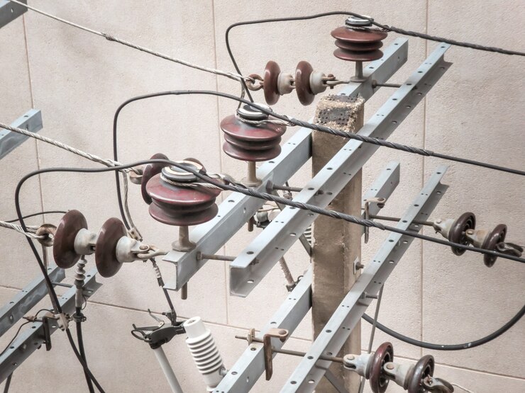 Elektrische paal met elektrische transformatoren en elektrische kabels