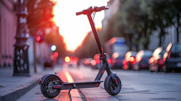 Elektrische scooter op de avondstraat van de stad