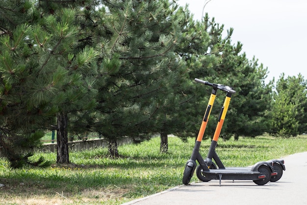 Elektrische scooters in rij op de parkeerplaats. Stadsfietsverhuursysteem, openbare stepjes op straat