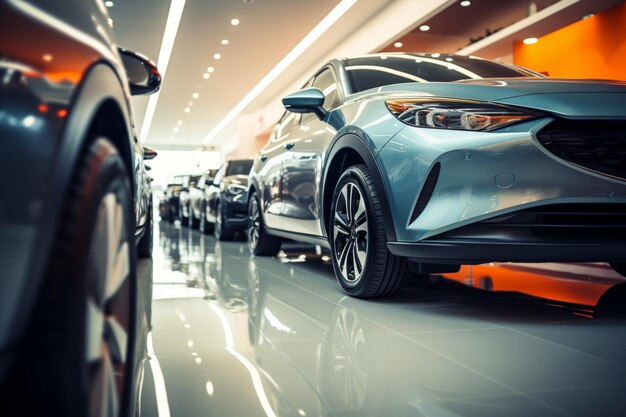Elektrische voertuigen geïllustreerd met nieuwe auto's in een moderne showroom