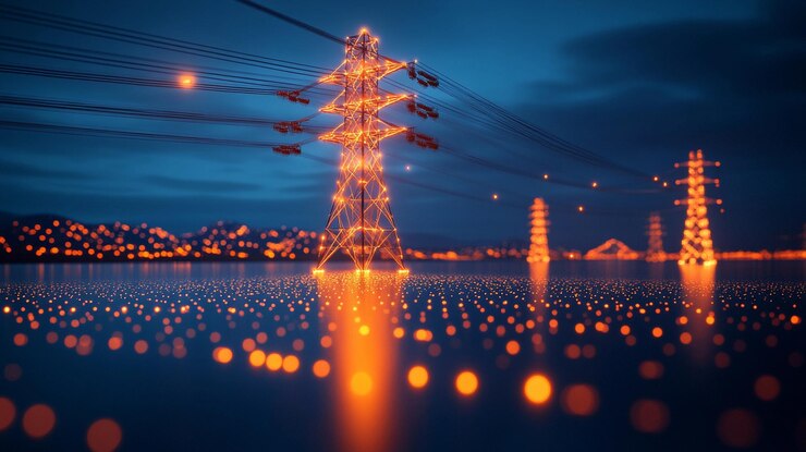 Elektrische zendtoren verlicht in de schemering bij een rivierlandschap
