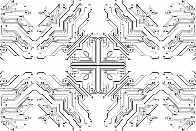 Elektronica spaanplaat. Printplaat elektronisch high-tech model, digitale technologie. Illustratie abstracte computerchip. Zwarte monochrome microchip, isoleren op witte achtergrond
