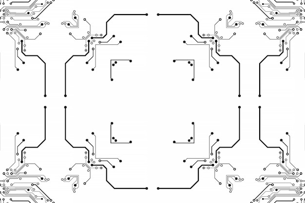 Elektronica spaanplaat. Printplaat elektronisch high-tech model, digitale technologie. Illustratie abstracte computerchip. Zwarte monochrome microchip, isoleren op witte achtergrond