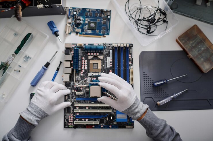 Elektronische reparateur die CPU's in computers installeert