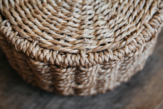 Element of a round wicker basket on a wooden background Pattern of round texture