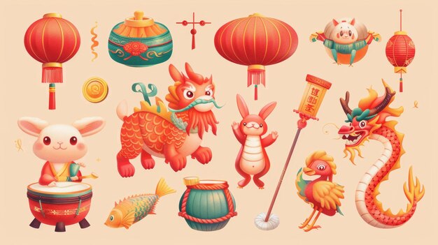 An element set illustrating CNY 2023 Includes rabbits riding dragons drumming and wearing traditional costumes a drum lantern carp fish coin and an arch isolated on light orange