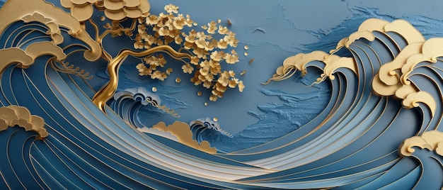 An element of waves and trees in a blue and gold pattern in the Japanese style