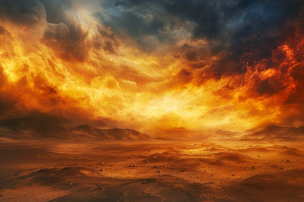 Elemental storm in a desert landscape engulfed in elemental storms of fire