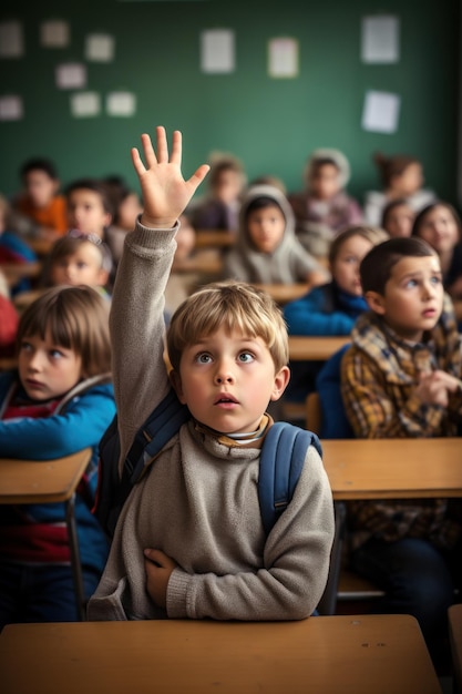 Elementary school boy raising his hand in the classroom Students wondering about questions