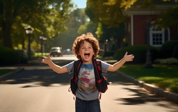 Photo elementary school child excited for first day of class funny back to school concept