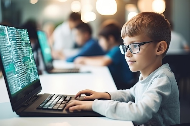 초등학교 컴퓨터 교실 똑똑한 아이들 컴퓨터 작업 아이들 프로그래밍 학교 아이들을 위한 코딩 현대 교육 개념 생성 AI 일러스트레이션
