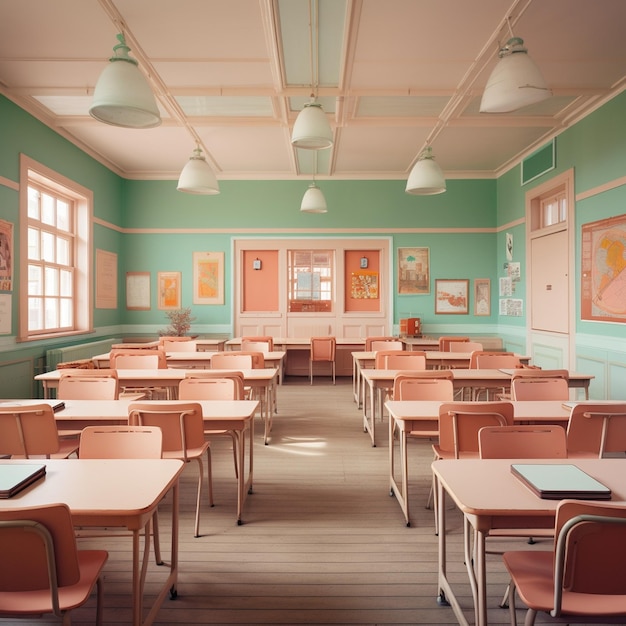 Photo elementary school empty classroom with empty desks