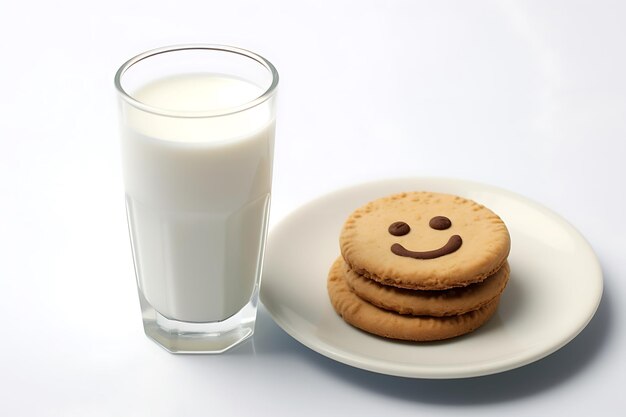 An elementary school girl is having breakfast with milk and funny cookies