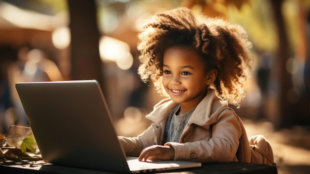 An elementary school girl sits at home with a laptop in an online lesson