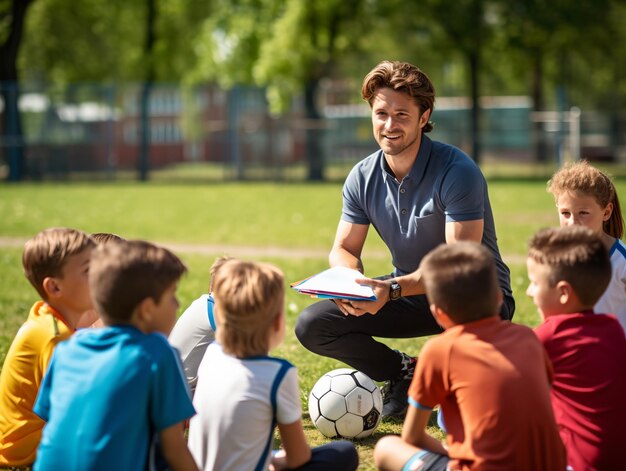 Elementary school kids and teacher sitting with ball in field