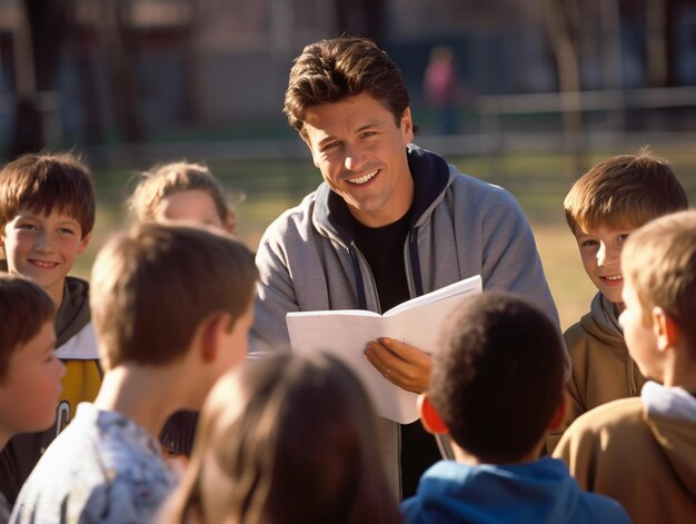 Elementary school kids and teacher sitting with ball in field