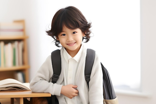 elementary school student happy with his backpack and books