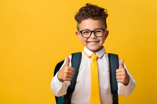 Elementary school student standing near lockers in school hallway behind kid's school backpack