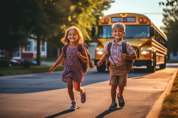 Elementary school student standing together wearing summer clothes and carrying backpacks beside bus