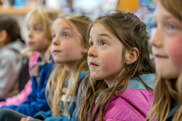 Photo elementary school students sit attentively vocalizing vowel sounds with curiosity and concentration actively participating in their language learning journey