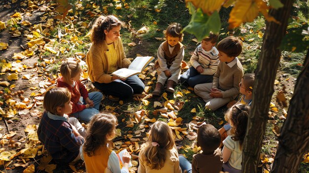 An elementary school teacher is reading a book to a group of her students while sitting on a blanket in the park