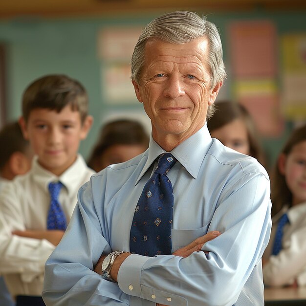 Photo elementary school teacher looking at the camera