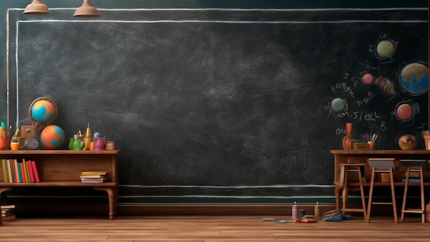 小学校では伝統的な黒板が背景として立っている 生成 AI